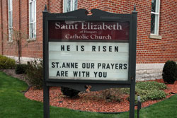 Church sign in front of St. Elizabeth of Hungary Parish in Cambridge City.