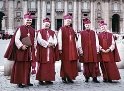 This image, originally printed in the Nov. 11, 1962, edition of The Criterion, shows the five men who served as the bishops of Indiana in 1960. Standing in front of St. Peter’s Basilica after one of the general sessions of the Second Vatican Council, they are, from left, Bishop Andrew Grutka of Gary, Bishop Leo A. Pursley of Fort Wayne-South Bend, Archbishop Paul C. Schulte of Indianapolis, Bishop Henry J. Grimmelsman of Evansville and Bishop John J. Carberry of Lafayette. (Archive photo)
