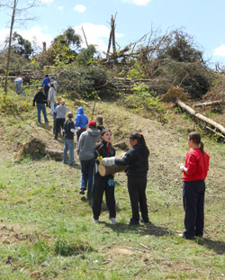 Teenage volunteers from three parishes in Louisville form a line to pass logs and debris down a hill they are helping to clear for a family near Henryville on April 11. A barn and seven acres of trees were destroyed, and two houses on the property were partially damaged by one of the March 2 tornadoes. (Photo by Patricia Happel Cornwell)