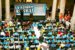 Jalen Rose, a former Indiana Pacers player and school choice advocate, thanks a crowd of more than 2,000 people for their hard work in making school choice a reality in Indiana during a March 11 education reform rally at the Statehouse in Indianapolis. (Photo by Charles J. Schisla)