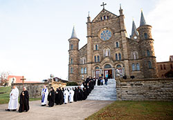 Monks and guests process out of the Archabbey Church of Our Lady of Einsiedeln on Nov. 2, 2015, at Saint Meinrad Archabbey in St. Meinrad. The Benedictine monastic community there has been dedicated to prayer and serving the Church since its founding in 1854. (Photos courtesy of Saint Meinrad Archabbey)