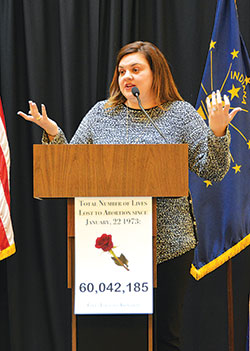 Former Planned Parenthood facility director­turned pro-life advocate Abby Johnson speaks in the Indiana Statehouse in Indianapolis on Jan. 22 during a rose ceremony recognizing the more than 60 million lives lost to abortion since it was legalized in 1973. (Photo by Natalie Hoefer)