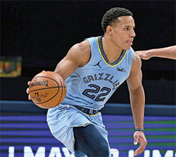 A 2016 graduate of Seton Catholic High School in Richmond, Desmond Bane was chosen in the first round of the 2020 National Basketball Association draft and plays for the Memphis Grizzlies. Here, he drives to the basket in a Feb. 2 game against the Indiana Pacers at Bankers Life Fieldhouse in Indianapolis. His pro debut in Indiana drew several hundred fans from Richmond and the Seton community. (Photo courtesy of Matt Kryger, photographer for Indiana Pacers Sports & Entertainment)