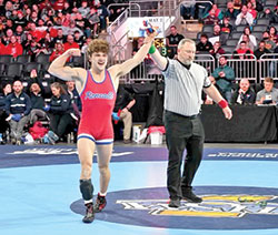 Bryce Lowery of Roncalli High School in Indianapolis shows his joy after winning a state championship in wrestling on Feb. 18 at Gainbridge Fieldhouse in Indianapolis. (Submitted photo)