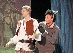 Playing the role of Donkey in a scene with Shrek in the 2023 spring musical at Father Thomas Scecina Memorial High School in Indianapolis, Tanner McCormick-Messer, right, shares the stage with Andrew Causemaker, who graduated from Scecina in 2023. (Submitted photo)