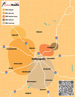 A map of the coverage of the various frequencies of Catholic Radio Indy in central Indiana. Click the image for a larger version