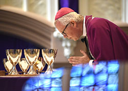 Bishop Donald J. Hying prays before the altar during the Liturgy of the Eucharist at the Mass for the Declaration of the Synod at Holy Angels Cathedral in Gary on Feb. 27. The declaration officially initiated the historic synod process. (Anthony D. Alonzo photo)