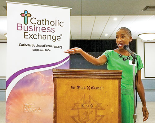 ICC executive director Angela Espada speaks in July of 2020 during a meeting of the Catholic Business Exchange in Indianapolis. (Submitted photo)