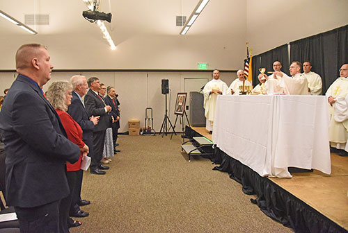 Archbishop Charles C. Thompson celebrates Mass on May 17 at the Monroe Convention Center in Bloomington during the Indiana state convention of the Knights of Columbus. (Photo by Sean Gallagher)