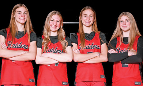 The Finke sisters&mdash;Owen, left, Berkley, Sawyer and Harpar&mdash;all share the basketball court together for the varsity team of Cardinal Ritter Jr./Sr. High School in Indianapolis. (Photo courtesy of Barry Roberts)