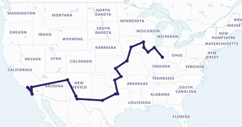 This is a screenshot of the St. Katharine Drexel Route for the National Eucharistic Pilgrimage 2025. Three perpetual pilgrims selected shared their expectations and preparations with OSV News, ahead of the pilgrimage, which begins in Indianapolis on May 18 and ends with Mass in Los Angeles on the feast of Corpus Christi on June 22. (OSV News/courtesy of National Eucharistic Pilgrimage)