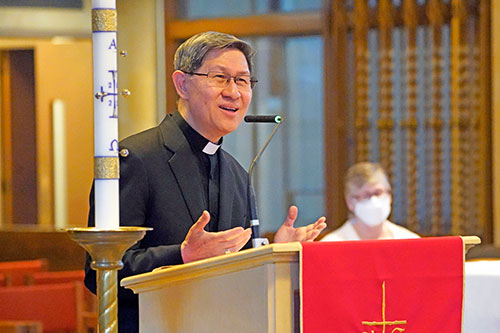 Cardinal Luis Antonio Tagle, then prefect of the Congregation for the Evangelization of Peoples, speaks during a mission sending ceremony at the Maryknoll Society Center in Maryknoll, N.Y., June 3, 2022. Pope Francis announced May 18, 2024, that he will send Cardinal Tagle as his special envoy to the National Eucharistic Congress in Indianapolis July 17-21. (OSV News photo/Gregory A. Shemitz)