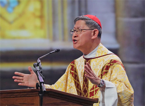 Cardinal Luis Antonio Tagle, pro-prefect of the Dicastery for Evangelization’s Section for First Evangelization and New Particular Churches, delivers the homily July 21, 2024, during the final Mass of the National Eucharistic Congress at Lucas Oil Stadium in Indianapolis. (OSV News photo/Bob Roller)