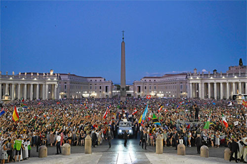 Pope Leo XIV greets visitors and pilgrims from the popemobile as he rides through St. Peter’s Square at the conclusion of an evening Mass celebrated by Archbishop Rino Fisichella, pro-prefect of the Dicastery for Evanglization, as part of the Jubilee of Youth at the Vatican July 29, 2025. (CNS photo/Vatican Media)