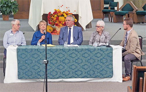 Providence Sister Barbara Battista, left, Doris Parlette, Steve Schutte and Mary Winnecke share their personal experiences regarding the death penalty during a panel discussion on Sept. 29 at Holy Redeemer Catholic Church in Evansville, Ind. The discussion was moderated by Alexander Mingus, executive director of the Indiana Catholic Conference (ICC), pictured at right. The ICC, the public policy voice of the Catholic Church in Indiana, was a co-sponsor of the event. (Submitted photo)