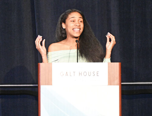 During a gala on April 16, Raija Oliver shares how St. Elizabeth Catholic Charities in New Albany changed her life. The event to raise funds for the agency was held at the Galt House Hotel in Louisville, Ky. (Photo by Natalie Hoefer)