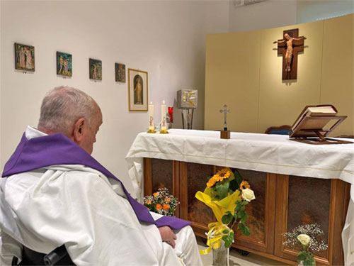 Pope Francis is seen in the chapel of his suite of rooms at Rome's Gemelli hospital March 16, 2025. The Vatican press office said the 88-year-old pope concelebrated Mass that morning. (CNS photo/Vatican Press Office)