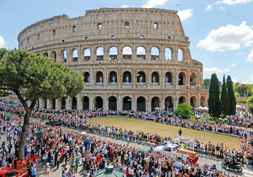 Pope Francis' casket is driven past the Colosseum on its way toward his burial place in the Basilica of St. Mary Major in Rome April 26, 2025. (CNS photo/Justin McLellan)