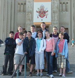 Lumen Christi Catholic School students in Indianapolis pose for a group picture on April 16 on the steps of the Basilica of the National Shrine of the Immaculate Conception in Washington. The students and chaperones also participated in the April 17 Mass celebrated by Pope Benedict XVI at Nationals Park in Washington. (Submitted photo/Tom Feick) 