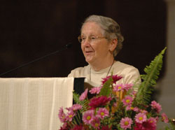 Carmelite Sister Jean Alice McGoff, prioress of the Indianapolis Carmel, reflects on the sisters’ response to decisions made by the Second Vatican Council. On behalf of the nine-member community, she also offered their thanks to all of their friends and supporters in her remarks at the conclusion of the July 16 Mass at SS. Peter and Paul Cathedral. (Photo by Mary Ann Wyand) 