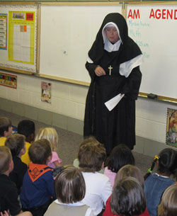 Madonna Paskash used an $8,000 Teacher Creativity Fellowship to study the life of St. Theodora Guérin so she could play the role for students at St. Charles Borromeo School in Bloomington, where she teaches third-grade students. (Submitted photo) 