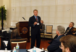 Marian University president Daniel Elsener makes a point during an education summit that involved educational leaders from Indiana’s five dioceses. The summit was held on Nov. 29-30 at the Indianapolis college. (Submitted photo)