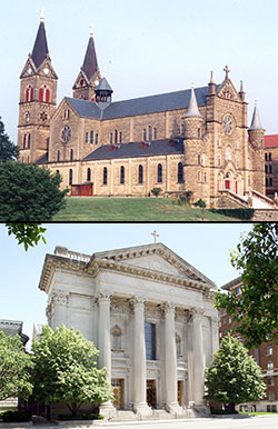 Top: the Archabbey Church of Our Lady of Einsiedeln, 200 Hill Drive, in St. Meinrad, has been designated a pilgrimage site to receive a plenary indulgence during the Holy Year of Mercy. Bottom: Archbishop Joseph W. Tobin has also designated SS. Peter and Paul Cathedral, 1347 N. Meridian St., in Indianapolis, as a pilgrimage site to receive a plenary indulgence during the Holy Year of Mercy. (Criterion file photos)