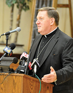 Cardinal-designate Joseph W. Tobin discusses his being named a cardinal by Pope Francis during an Oct. 10 press conference at the Archbishop Edward T. O’Meara Catholic Center in Indianapolis. (Photo by Sean Gallagher)