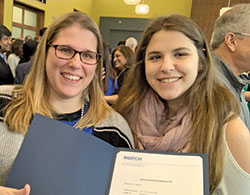 As she nears her graduation from Marian University’s School of Osteopathic Medicine in May, Ann Schmitt, left, celebrates with her daughter Madeline after receiving the news on March 15 that she has been accepted for a residency in family practice medicine at IU Health’s Methodist Hospital in Indianapolis. (Submitted photo)