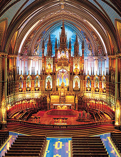 Notre Dame Basilica is located in the historic district of Old Montreal. The parish was founded in 1672, and the current structure was completed in 1829. The interior is known for its exemplary Gothic Revival style, rich colors, wooden sculptures and an 1891 Casavant Frres pipe organ with four keyboards, 92 stops and 7,000 pipes. The church was raised to basilica status by St. John Paul II in 1982. Archbishop Charles C. Thompson will offer a private Mass for the pilgrims here. (Photo courtesy of Montreal Tourist Bureau)
