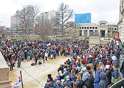 A panoramic view of a rally on the south lawn and steps of the Indiana Statehouse in Indianapolis after the Indiana March for Life on Jan. 23 captures the crowd of roughly 1,100 Catholics and other pro-life advocates who participated. (Submitted photo)
