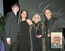 After Archbishop Charles C. Thompson honored the late Deacon Marc Kellams with the archdiocese’s Legacy Award on Feb. 10, he posed for a photo with Deacon Kellams’ wife, Chris; his daughter, Sarah Lippman; and his grandson, Bradford Dollens. Inset: The late Deacon Marc Kellams. (Photo by Rob Banayote)