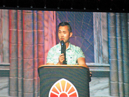 During his presentation to hundreds of teenagers at the National Eucharistic Congress in Indianapolis on July 18, Paul Kim used some of his worst pick-up lines to lead youths to a closer relationship with Christ. (Photo by John Shaughnessy)