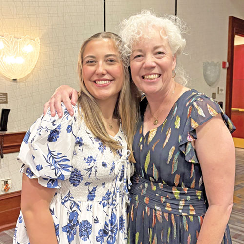 Madilyn Wethington, a senior at Roncalli High School in Indianapolis, poses with Caren LeMark, her theology teacher and teacher moderator of the school’s Royals 4 Life Club, during the Right to Life of Indianapolis fundraiser banquet at the Marriott Hotel in Indianapolis on Sept. 25. Wethington is the winner of this year’s archdiocesan Our Lady of Guadalupe Pro-Life Youth Award. (Submitted photo)