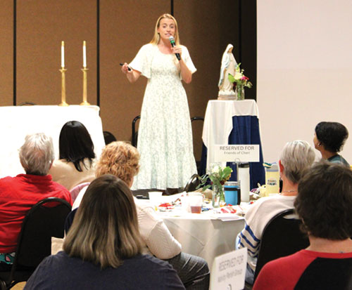 Catholic author and YouTube influencer Emily Wilson gives a talk during the Marian Authentic Women&rsquo;s Conference at Primo Banquet Hall in Indianapolis on Oct. 25. (Submitted photo by Jennifer Lindberg)