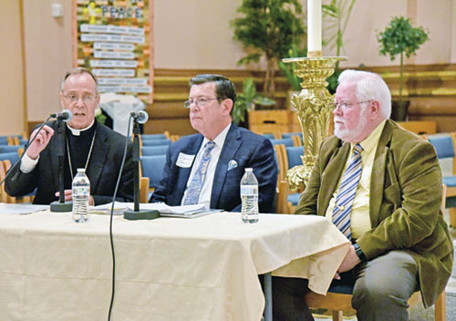 Archbishop Charles C. Thompson, left, speaks on Nov. 16 at SS. Peter and Paul Cathedral in Indianapolis during a Catholic-Jewish dialogue with Rabbi Dennis Sasso, center, rabbi emeritus of Congregation Beth-El Zedeck in Indianapolis, and Philip Cunningham, theology professor at St. Joseph&rsquo;s University in Philadelphia and director of its Institute for Catholic-Jewish Relations. (Photo by Sean Gallagher)