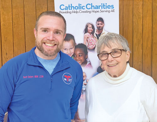 Scott Seibert and Phyllis Manfredi served as members of the archdiocese&rsquo;s Catholic Charities&rsquo; poverty panel on Feb. 19 at the Archbishop Edward T. O&rsquo;Meara Catholic Center in Indianapolis. (Photo by John Shaughnessy)