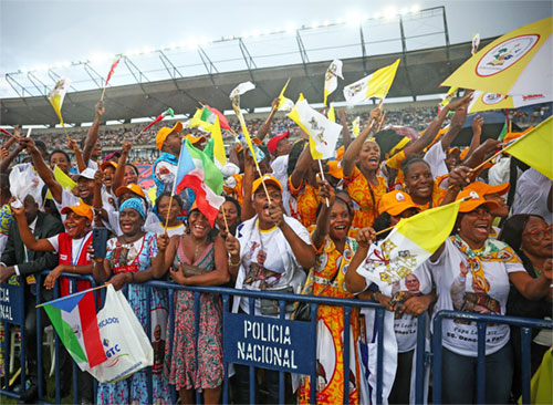 People cheer as Pope Leo XIV arrives at Bata Stadium in Equatorial Guinea, April 22, 2026, for a meeting with young people and families. (OSV News photo/Kevin Thoma, Reuters)