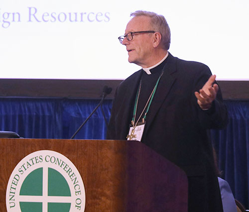 Bishop Robert E. Barron of Winona-Rochester, Minn., speaks June 13, 2024, at the U.S. Conference of Catholic Bishops' Spring Plenary Assembly in Louisville, Ky. (OSV News photo/Bob Roller)