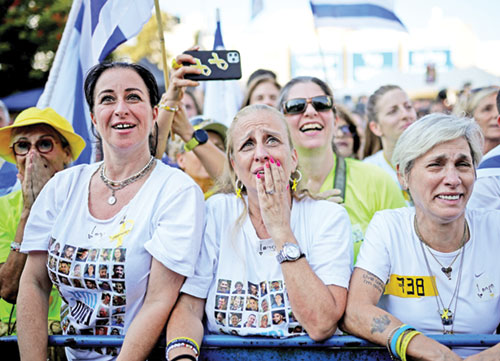 Women react as people gather at “Hostages Square” in Tel Aviv, Israel, on Oct. 13, the day Hamas released hostages, who had been held in Gaza since the deadly Oct. 7, 2023, attack by Hamas, as part of a prisoner-hostage swap and a ceasefire deal between Israel and Hamas. (OSV News photo/Shir Torem, Reuters)